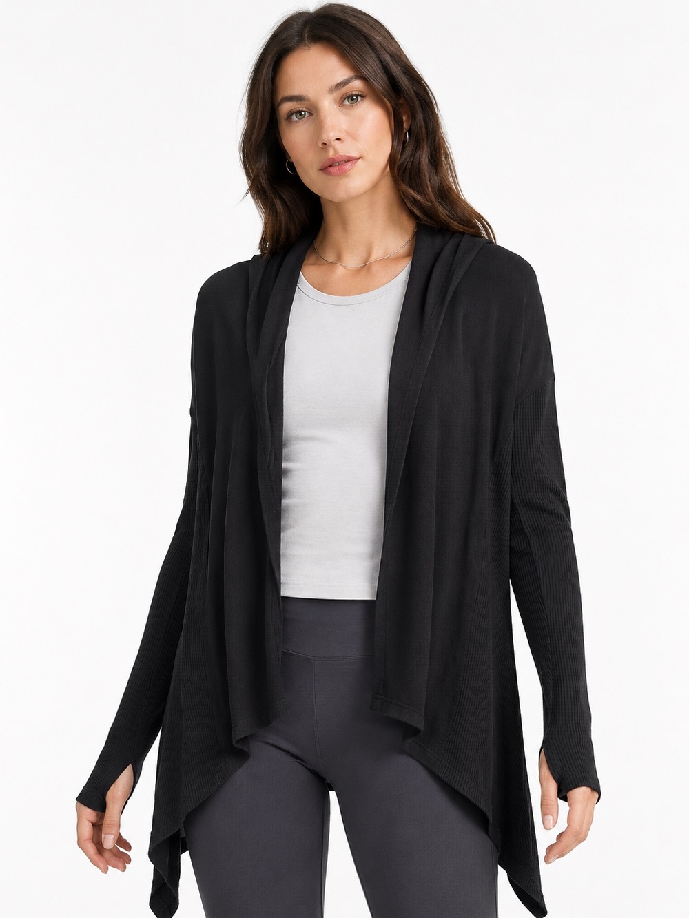 Athleta Nirvana Wrap Cardigan XXS Black Hooded Modal Athleisure Minimalist Yoga